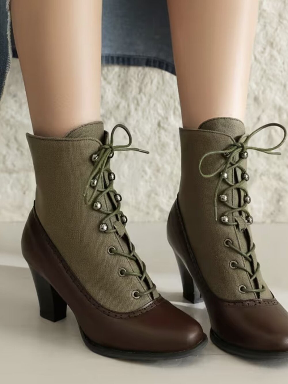 Retro British Style Fashion Patchwork Lace-Up Short Boots, Green and Brown